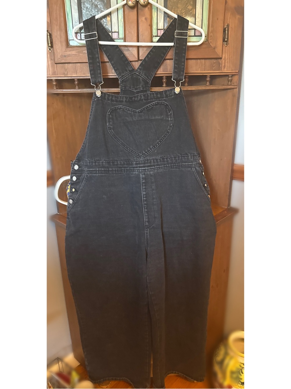 Shiny by Nature Black Denim Heart Pocket Wide Leg Overalls XL